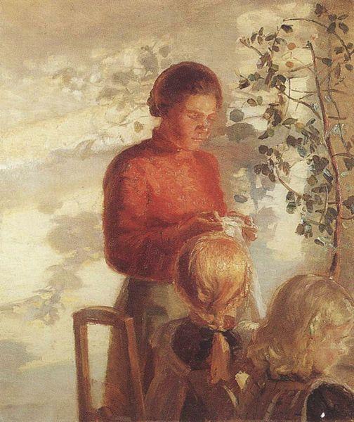 Two Girls have Sewing Lesson, Anna Ancher